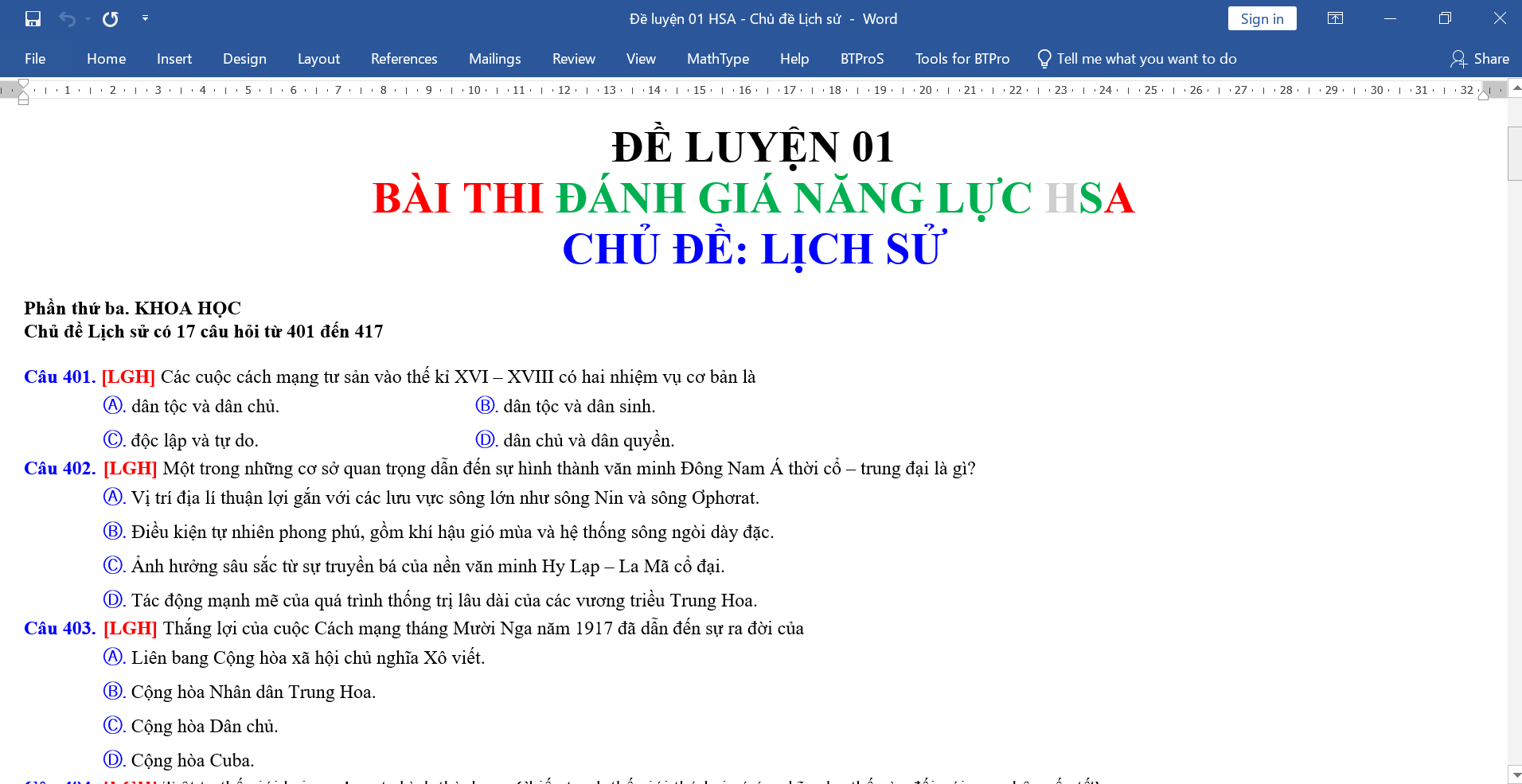 Đề luyện 01 – HSA – Chủ đề Lịch sử